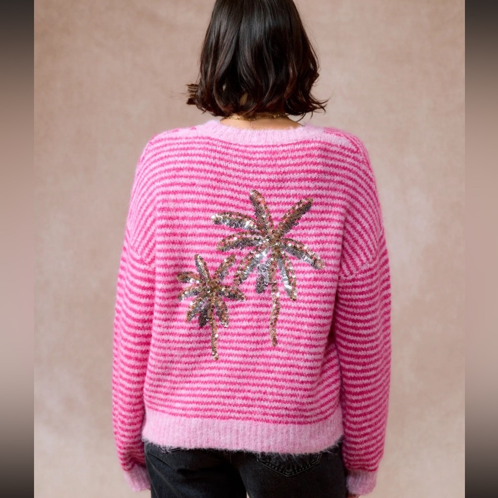 FROM PARIS FRANCE 🇫🇷 Pink Striped Sweater with Sequin Design